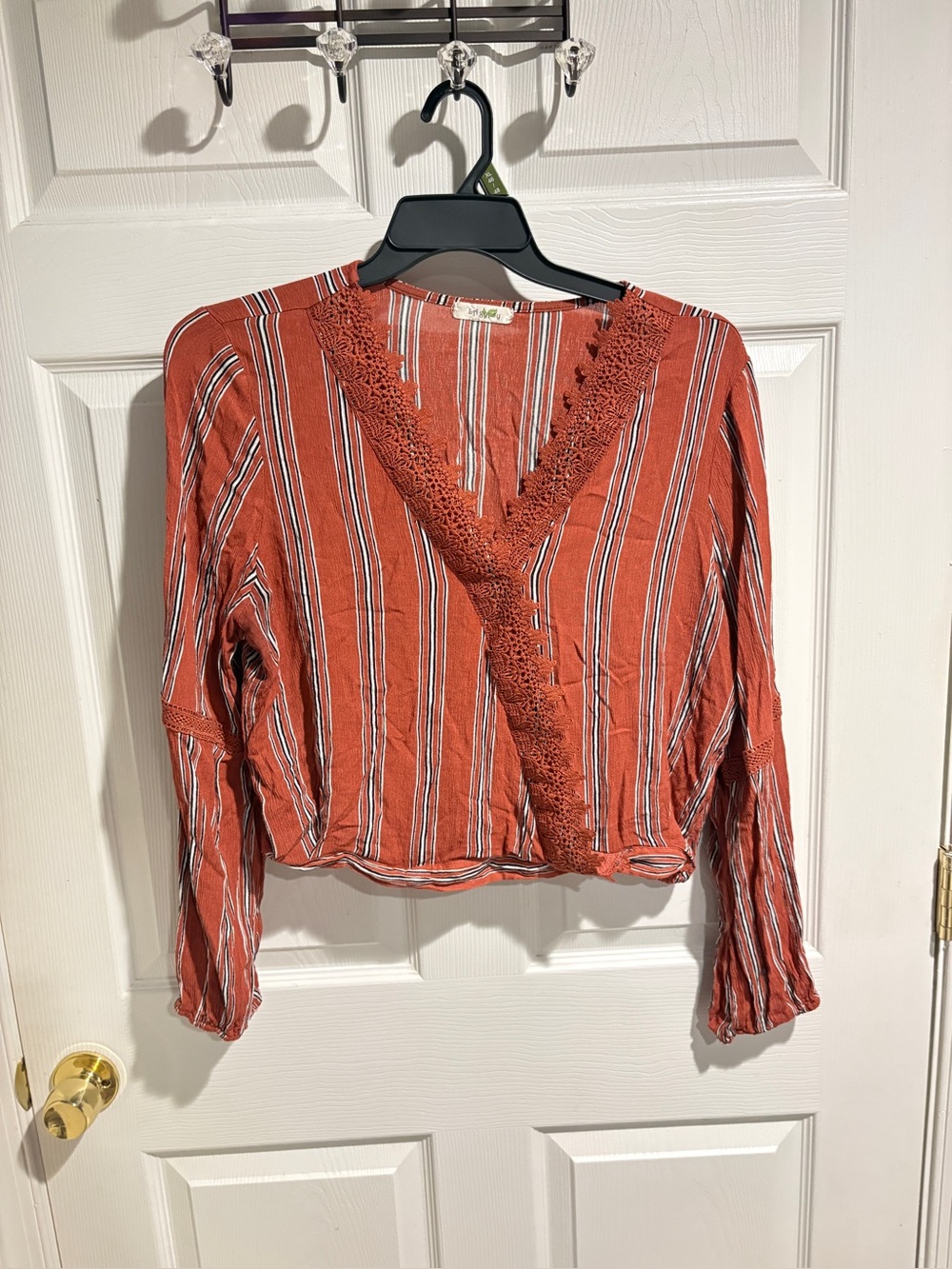 LA Gypsy Rust Striped V-Neck Crochet Trim Women's Top